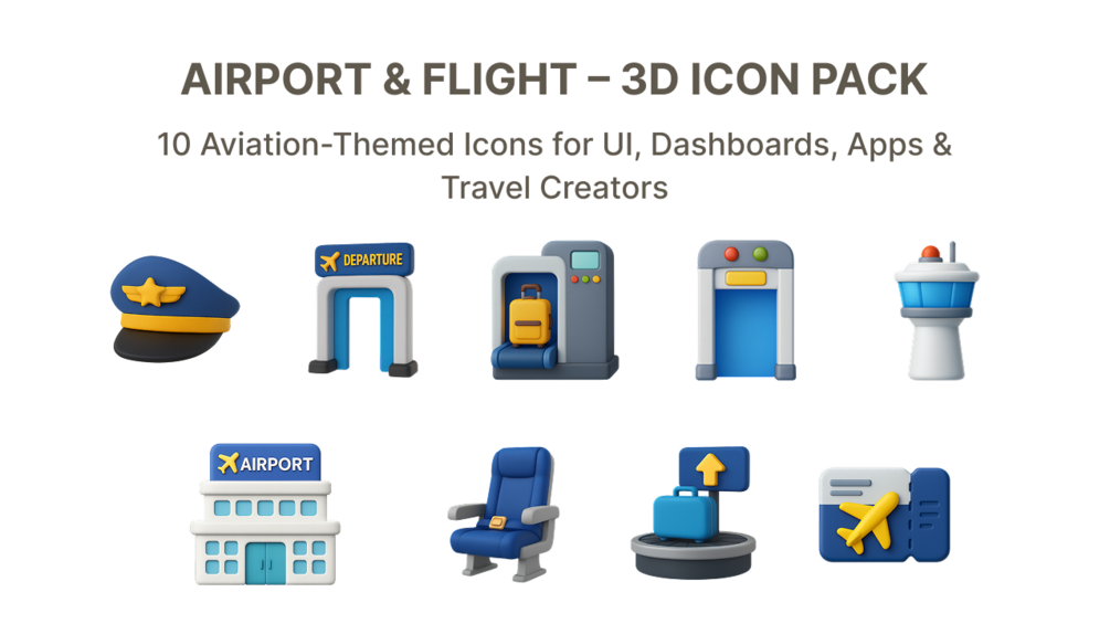 Airport & Flight – 3D Icon Pack (10 PNG Icons for Travel & Aviation UI)