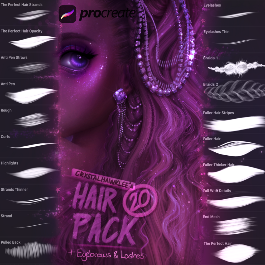 20 Hair&Eyelashes Brushset for Procreate app + Hair Tutorial by crystalhawklee