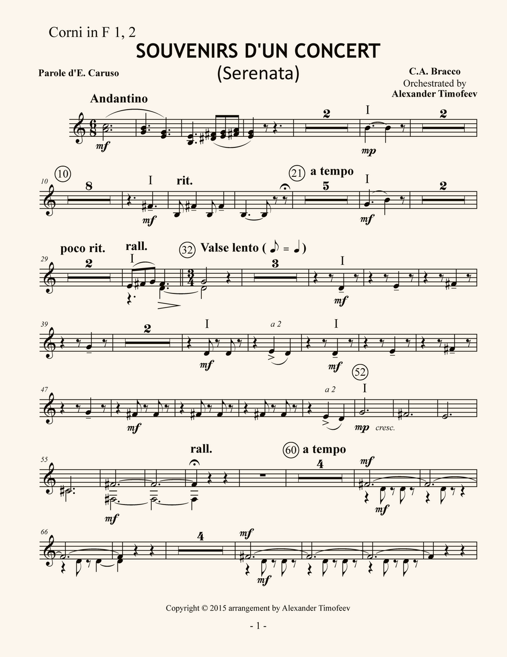 Serenata Souvenirs d un concert for Tenor and Orchestra Bracco Caruso arr. A. Timofeev Score Parts PDF