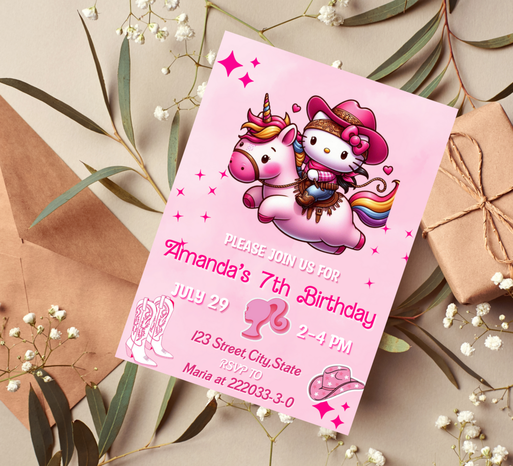 Hello Kitty Cowboy Western Pink Birthday Invitation | Custom Digital ...