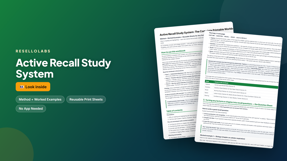 Look inside Active Recall Study System: Printable Workbook + Sheets — real pages
