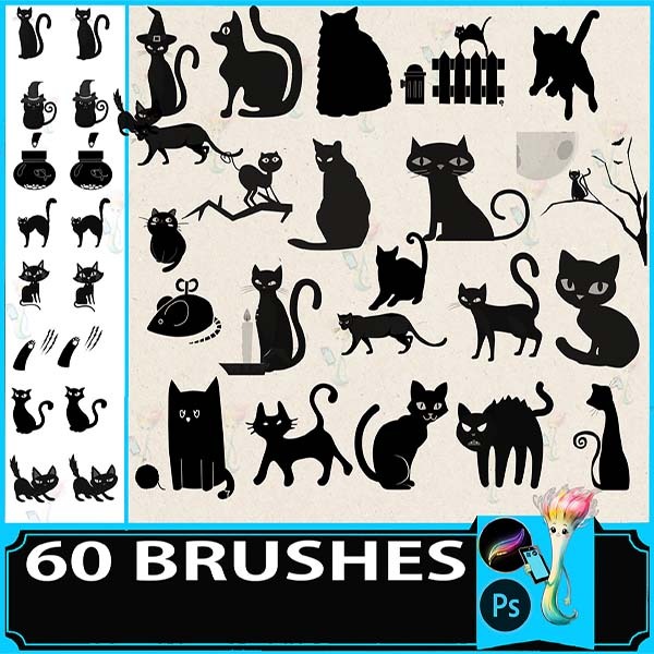Procreate & Photoshop 60 Types Cute Cat Silhouette Brush Set | Kitten, Cartoon Style, Decorative, Illustration Material by best procreate brushes