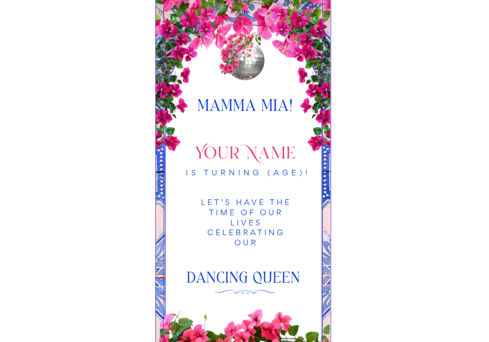 Mamma Mia disco-themed birthday invitation preview