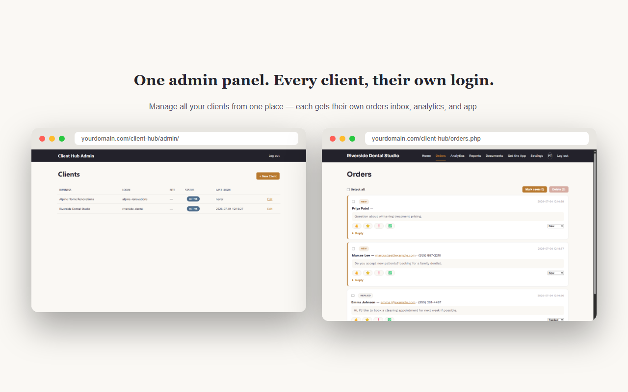 Admin client list next to a client's orders inbox with reply and priority controls