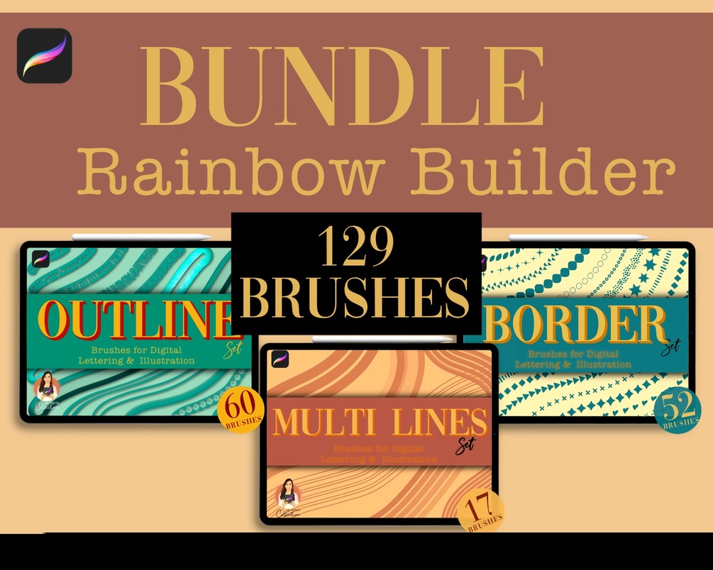 Rainbow Builder Procreate Bundle | 129 Brushes | Multi Lines | Monoline Outline | Border Brush | Outline Shapes | Six Lines | Dots & Dashes by My Prints Collection