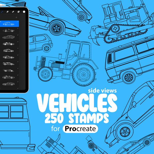 250 Vehicles (side view) Stamp Brushes for Procreate Collection by ProCreativeBreeze