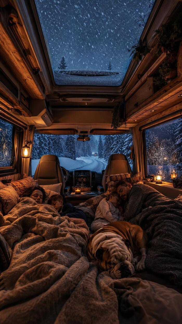 Family sleeping in a campervan during a snowy night