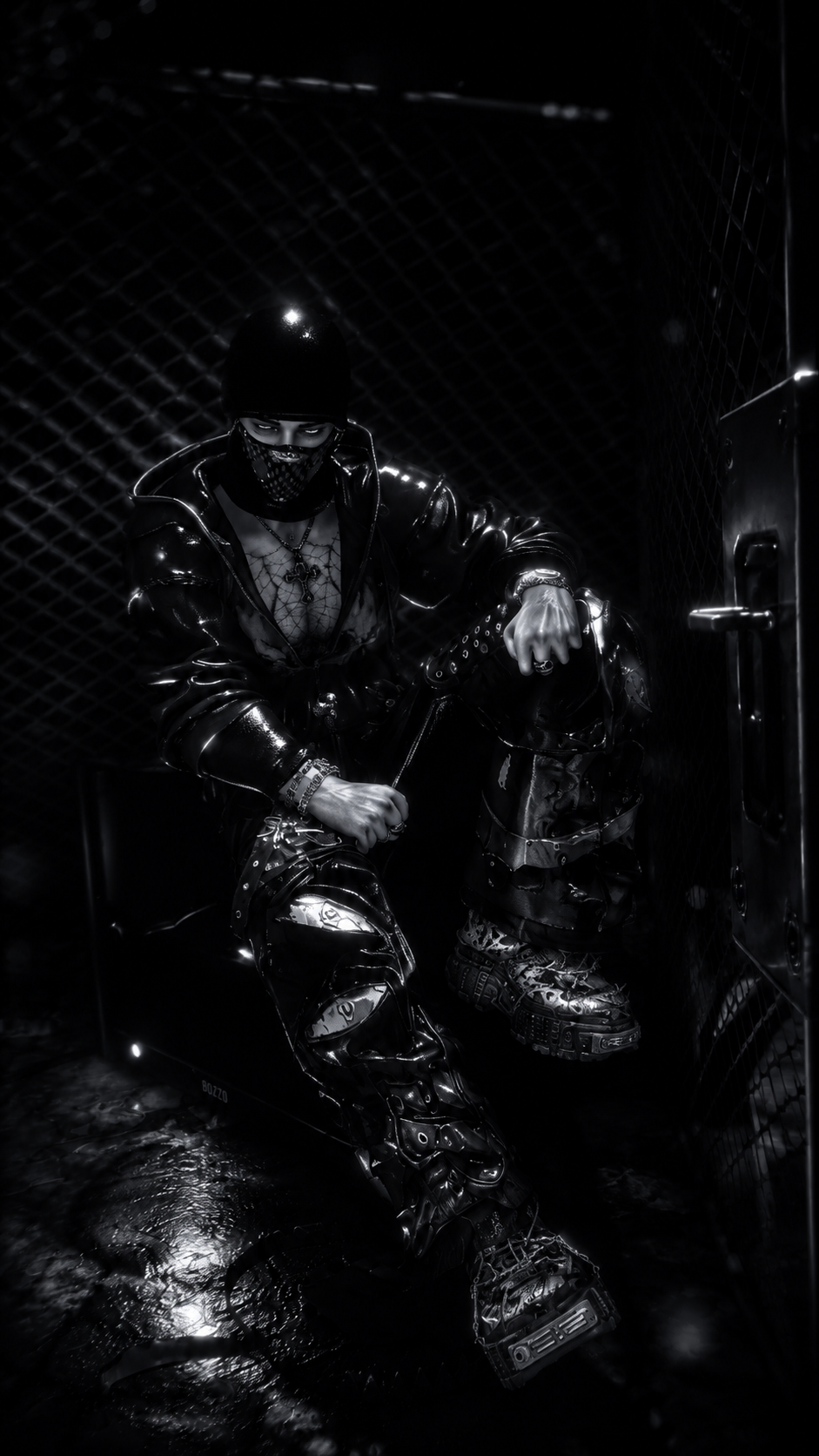 Shiryu seated with beanie, ski mask, open jacket and blade