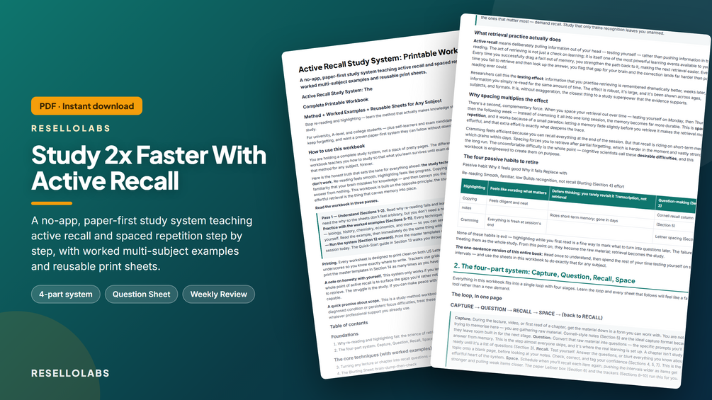 Active Recall Study System: Printable Workbook + Sheets cover