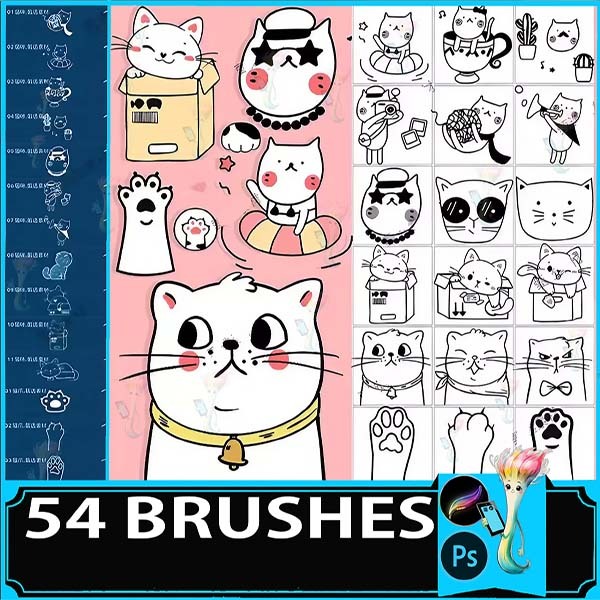 Procreate & Photoshop 54 Types Cat Paw Print・Cat Motif Brush Set | Cute・Animal・Illustration Material by best procreate brushes