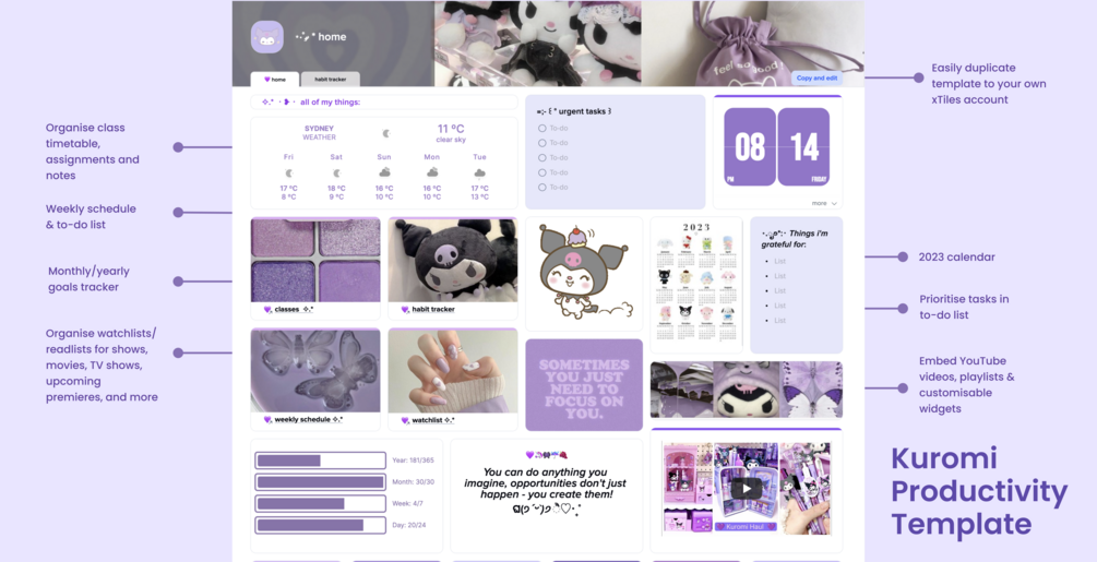 💜 Kuromi xTiles Productivity Template