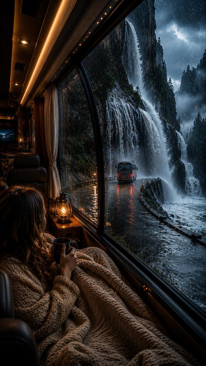 Woman with coffee watching a bus pass a rainy waterfall