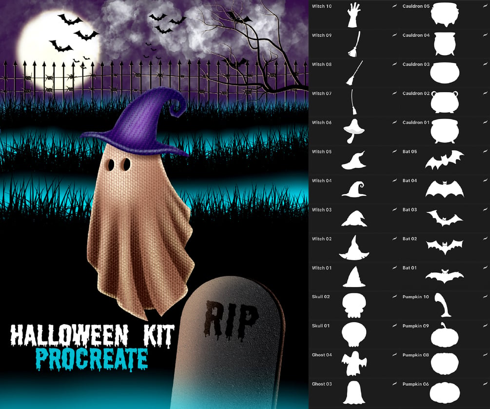 Halloween Builder Kit | 120+ Procreate Stamps, Brushes by FOOARC