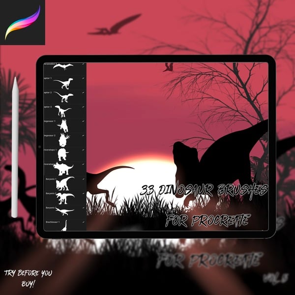 33 Dinosaur Brushes for Procreate Vol 5 by Skii Illustrations