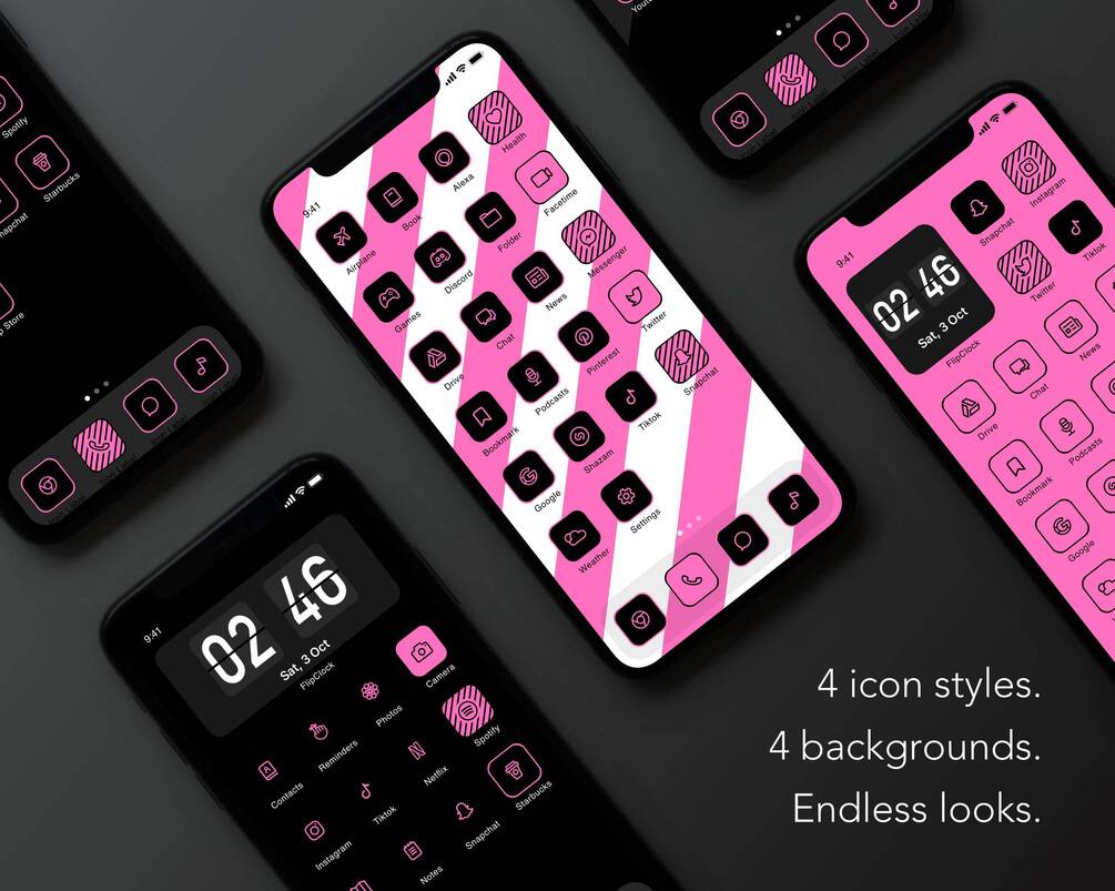 Minimalistic black and hot pink iOS 14 iPhone app icons