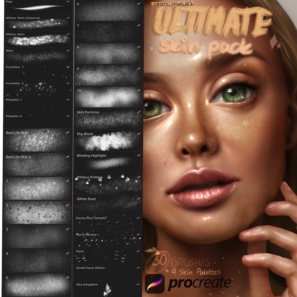 30 Ultimate Skin&Glitter Brushes for Procreate app by crystalhawklee