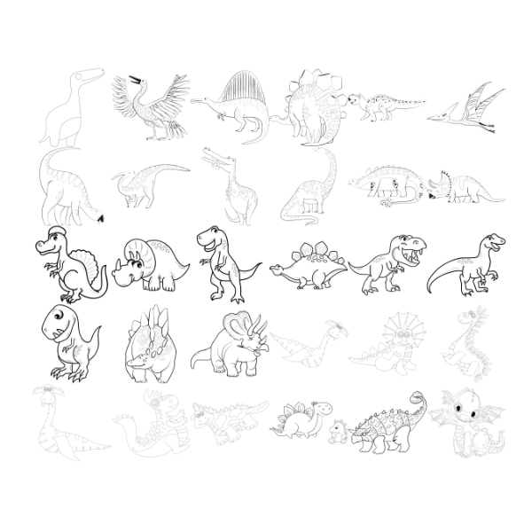 Cartoon Dinosaurs Outlines Set 6 Procreate Brush Stamps, 30 Dinosaur Outlines by Disasterology Ink