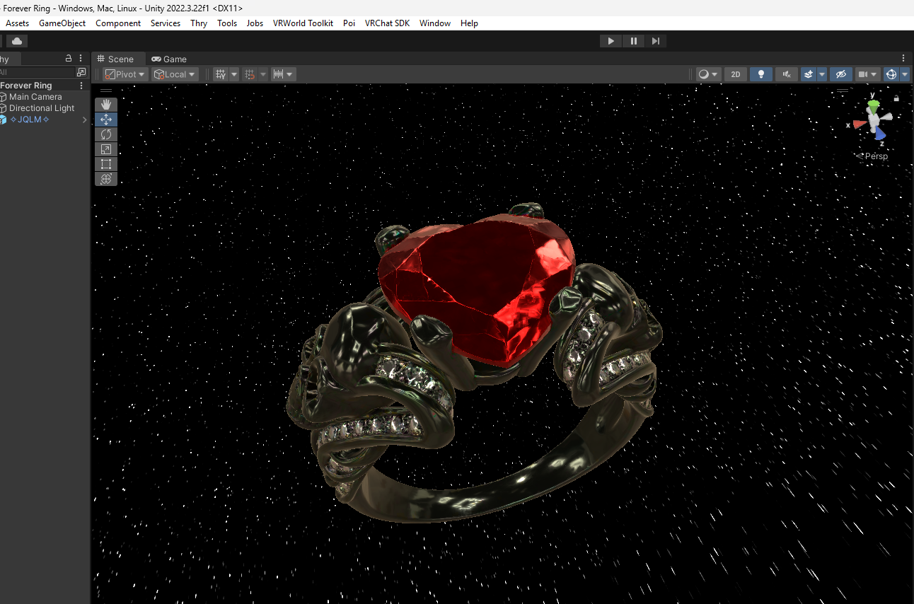 Unity editor scene view showing the ring prefab set up and lit