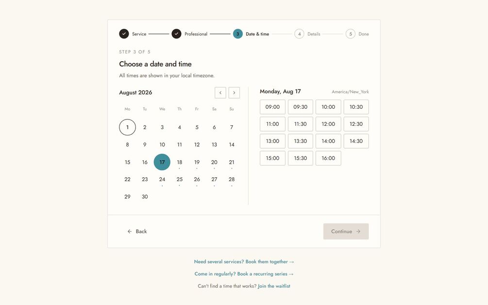 The booking widget mid-flow on a cream Ivory theme, configured as a dental clinic: a progress rail with Service and Professional ticked and Date and time active, an August calendar with the 17th selected and availability dots on later dates, and fifteen bookable time chips from 09:00 to 16:00.
