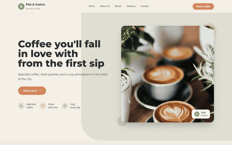 Desktop source preview for Pist & Grains — Premium Coffee Shop Website Template(HTML5 + Bootstrap 5 + WordPress + Elementor) 