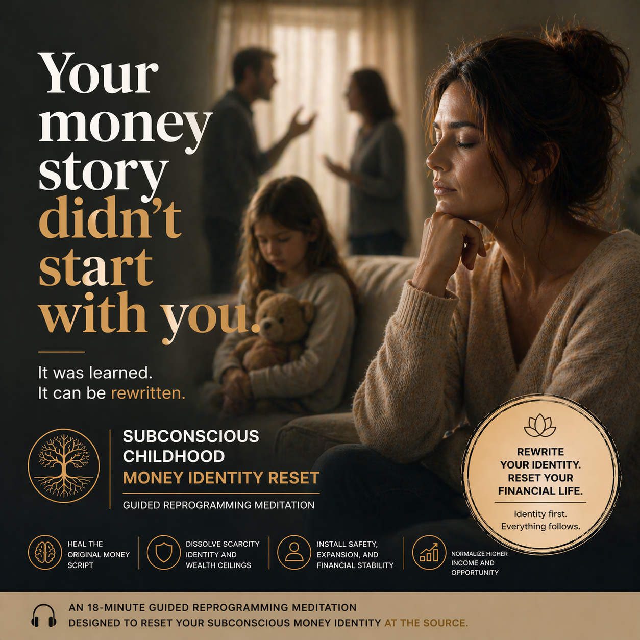 subconscious childhood money identity reset meditation with adult reflection, inner child, and early money conditioning scene