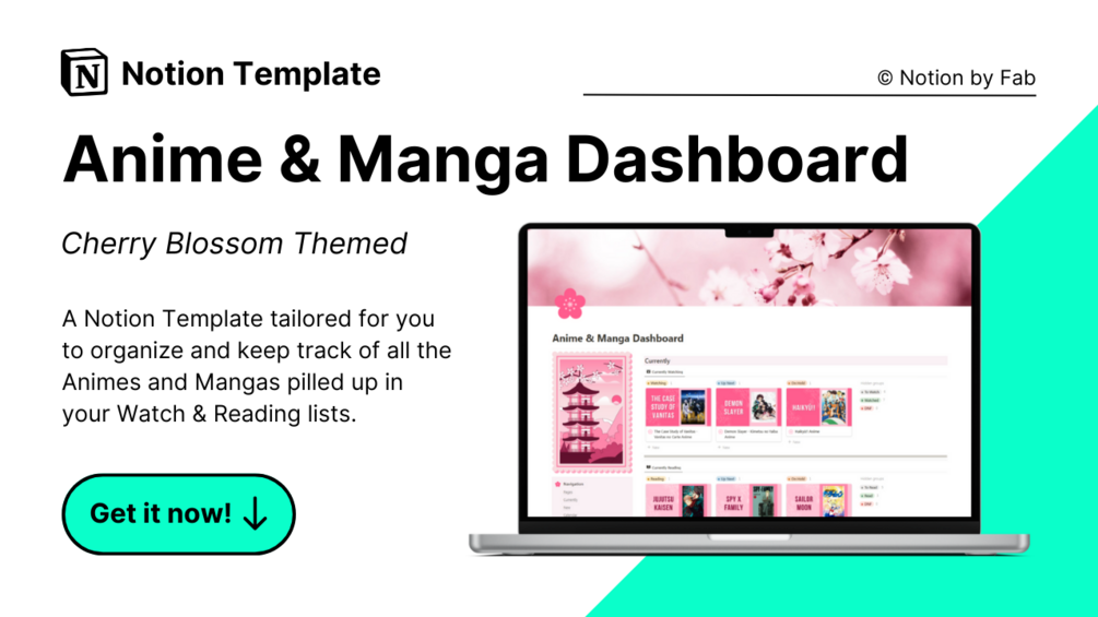 Notion Template Anime and Manga Dashboard Notion Template Pink