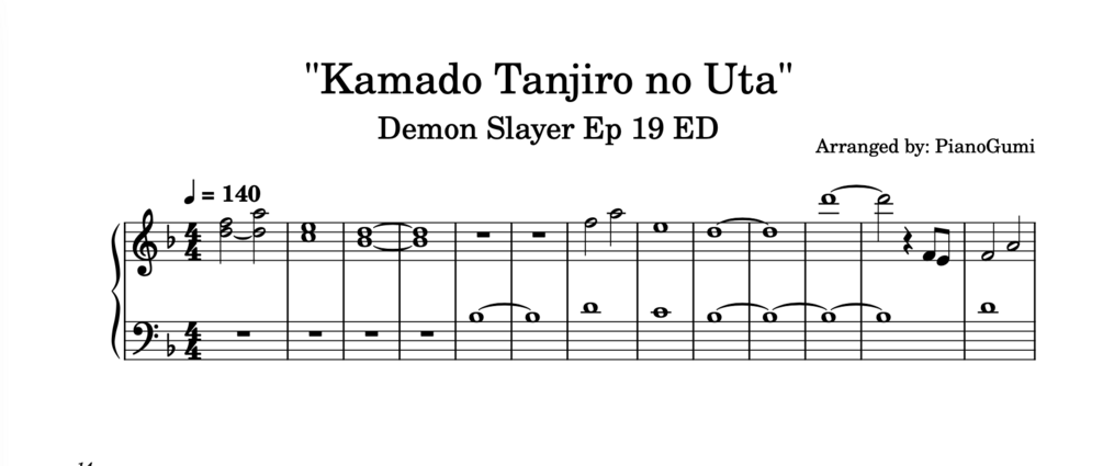 Demon Slayer Episode 19 ED Kamado Tanjiro no Uta Sheet music for Piano  (Solo)