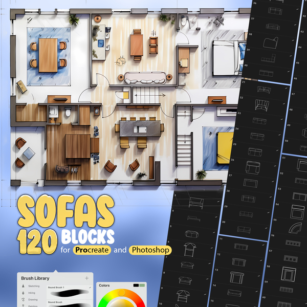 120 Sofa Blocks Stamp Brushes Collection for Procreate and Photoshop by ProCreativeBreeze