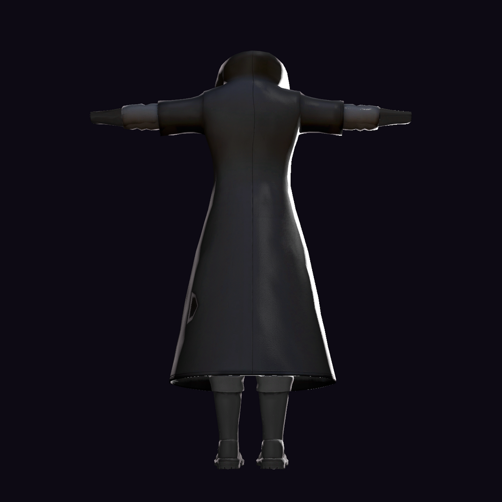 Sovereign Noir — back view showing the coat drop and collar