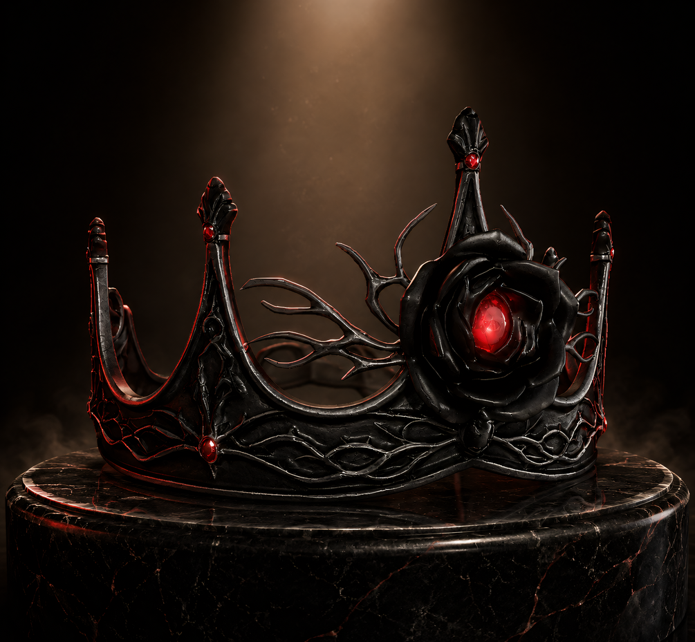 LA COURONNE FANÉE — gothic crown accessory with thorn latticework and blood-red gem centerpiece