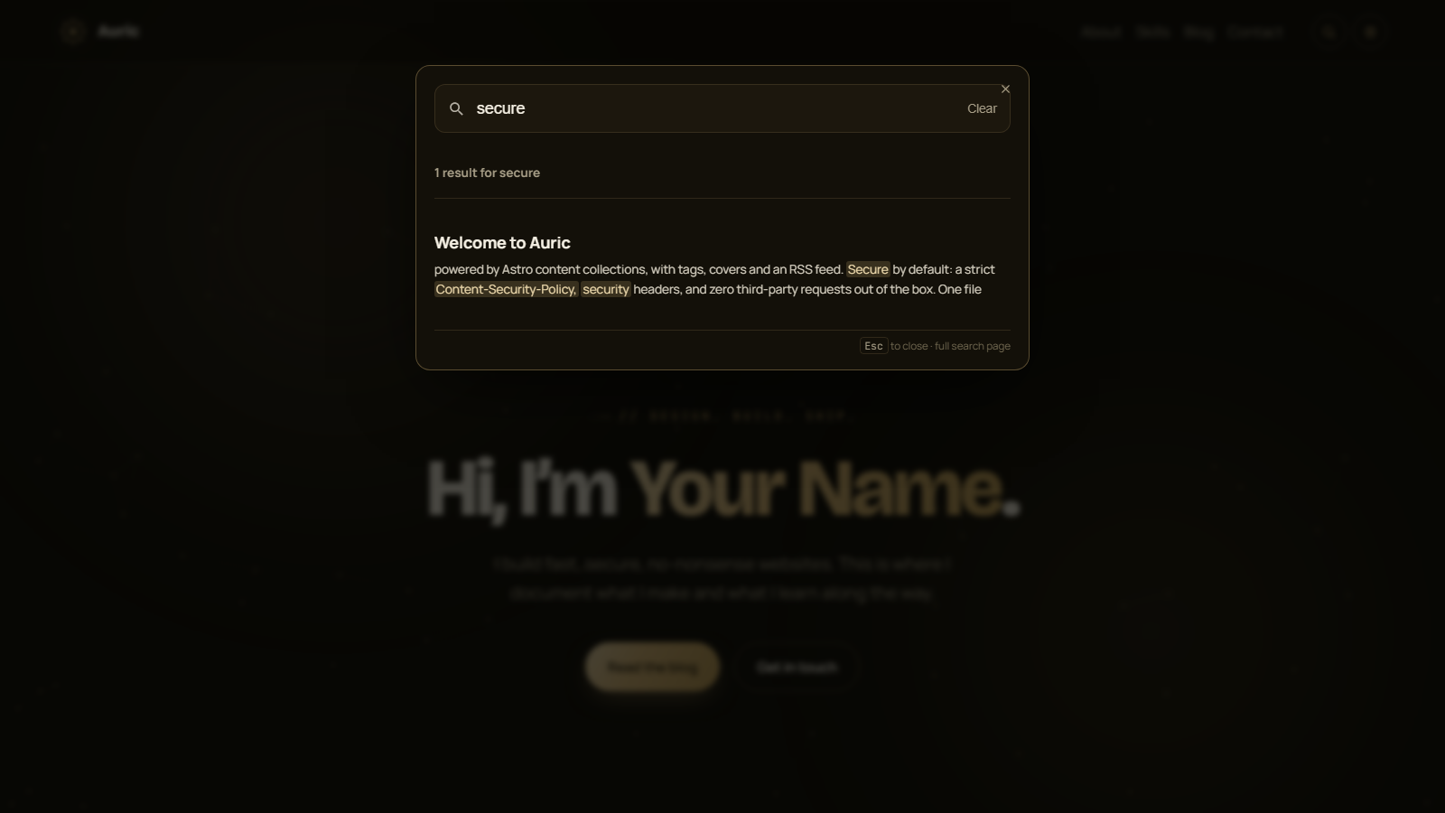 Auric search modal open over the site, showing instant results as you type