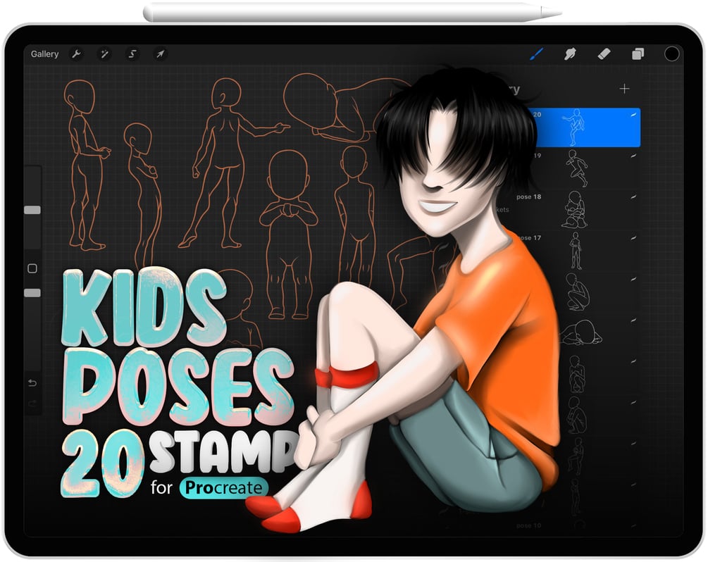 20 Procreate Kids Poses Reference Stamp Brushes Collection by ProCreativeBreeze