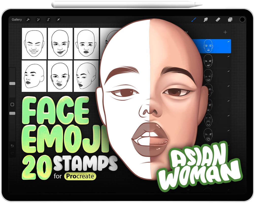 20 Procreate Asian Woman Face Emotions Stamp Brushes Collection by ProCreativeBreeze
