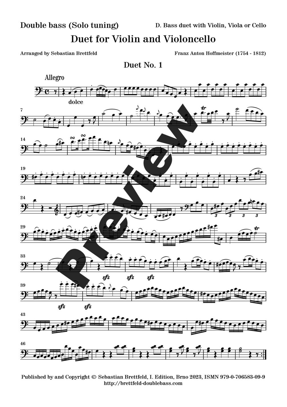 F. A. Hoffmeister 3 Duets for Violin and Violoncello, Duet No. 1, arr