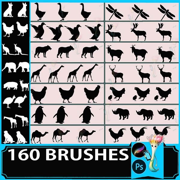Procreate & Photoshop 160 Types Animal Silhouette Brush Set | Chicken・Duck・Dog・Bird・Insect・Decorative Pattern Material by best procreate brushes