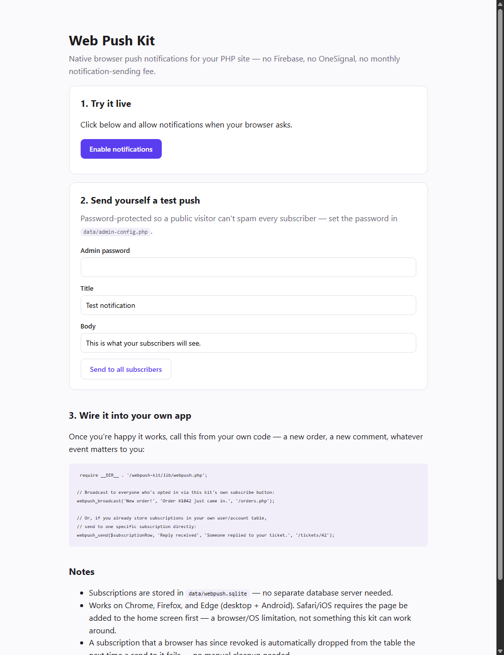 Web Push Kit demo page with the Enable Notifications button