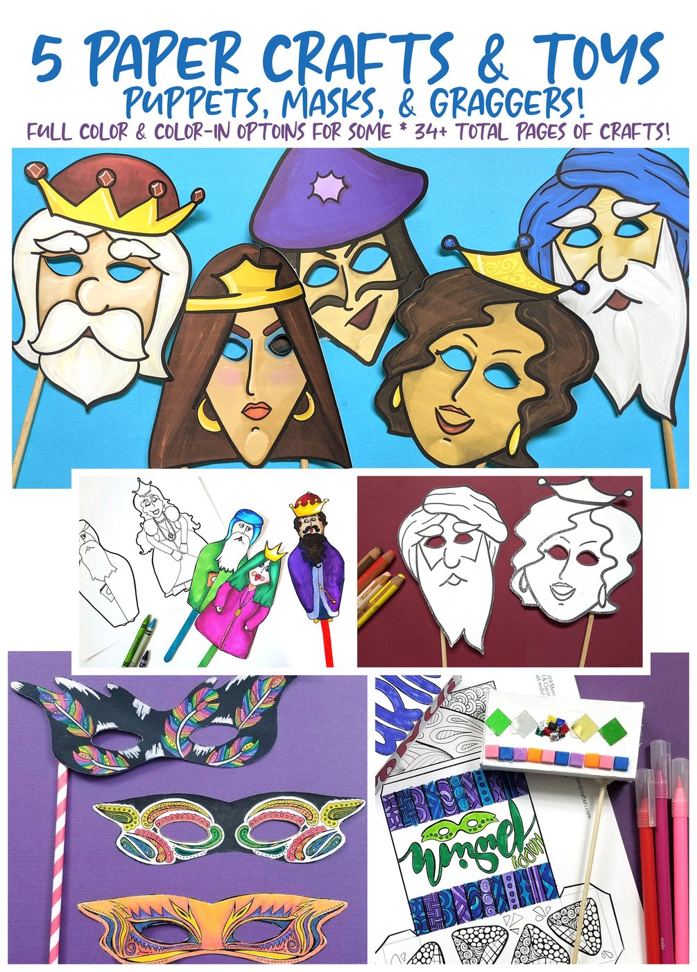 Purim Coloring Crafts Bundle Purim Masks Graggers and Puppets Paper Craft  Templates Printable Activities for Kids 