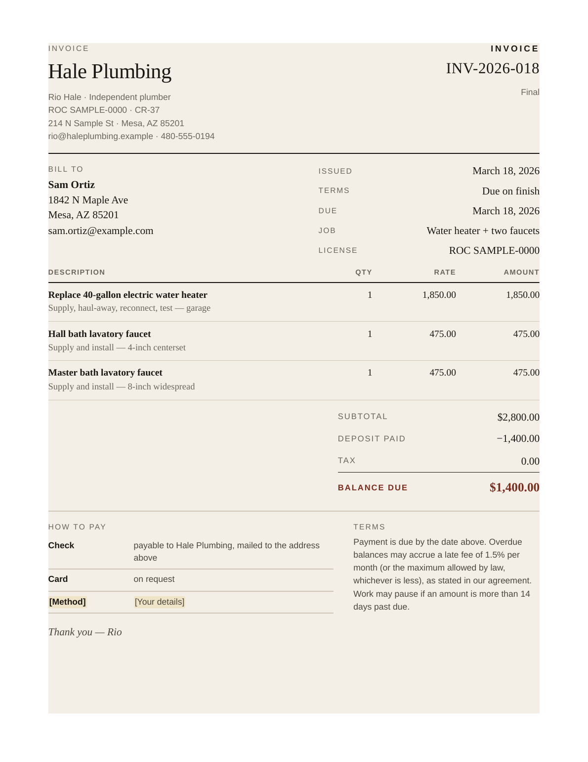 Invoice from The Plumbing File