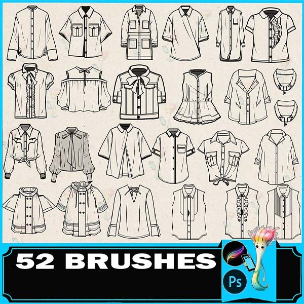 Procreate & Photoshop 52 Types Shirt・Collar Design Brush Set | Clothing Sketch・Tops・Business Wear Material by best procreate brushes