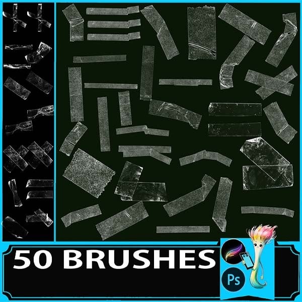 Procreate & Photoshop 50 Types Transparent Tape・Adhesive Tape Brush Set | Realistic Creases・Tears・Decorative Material by best procreate brushes