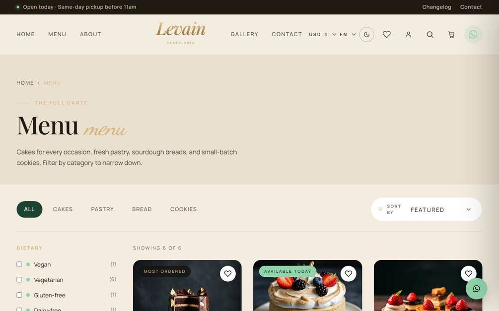 The Levain menu page in a light theme: breadcrumb, the Menu heading with a script accent, category pills for All, Cakes, Pastry, Bread and Cookies, a Sort by control, and a dietary sidebar filtering by Vegan, Vegetarian, Gluten-free, Dairy-free and Nut-free with live counts and a price range.