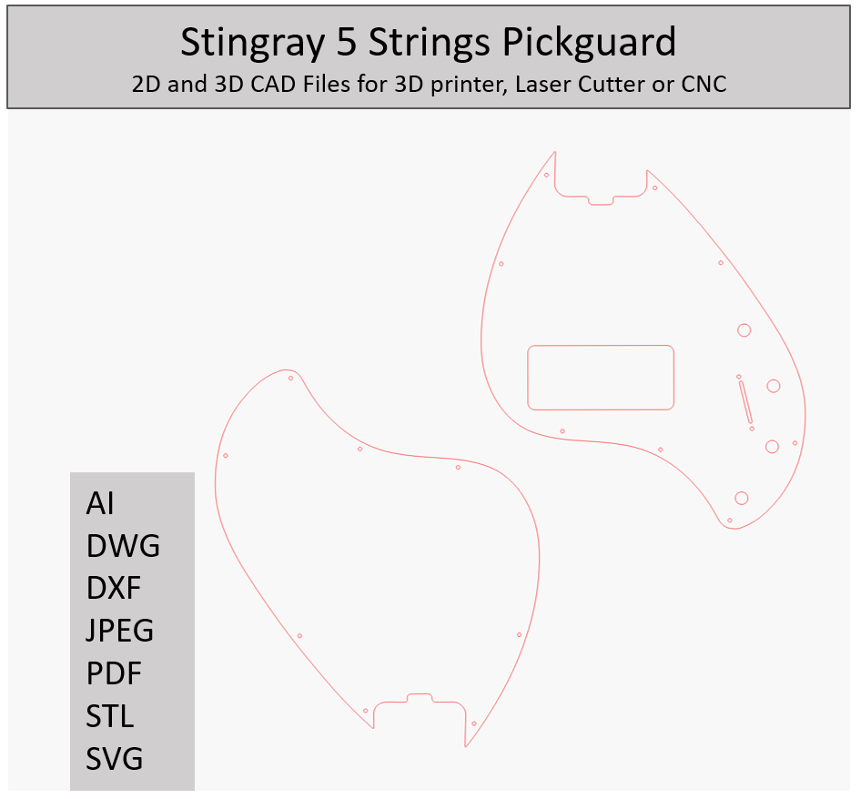 Stingray 5 Style Pickguard, Templates, 2D and 3D CAD Files