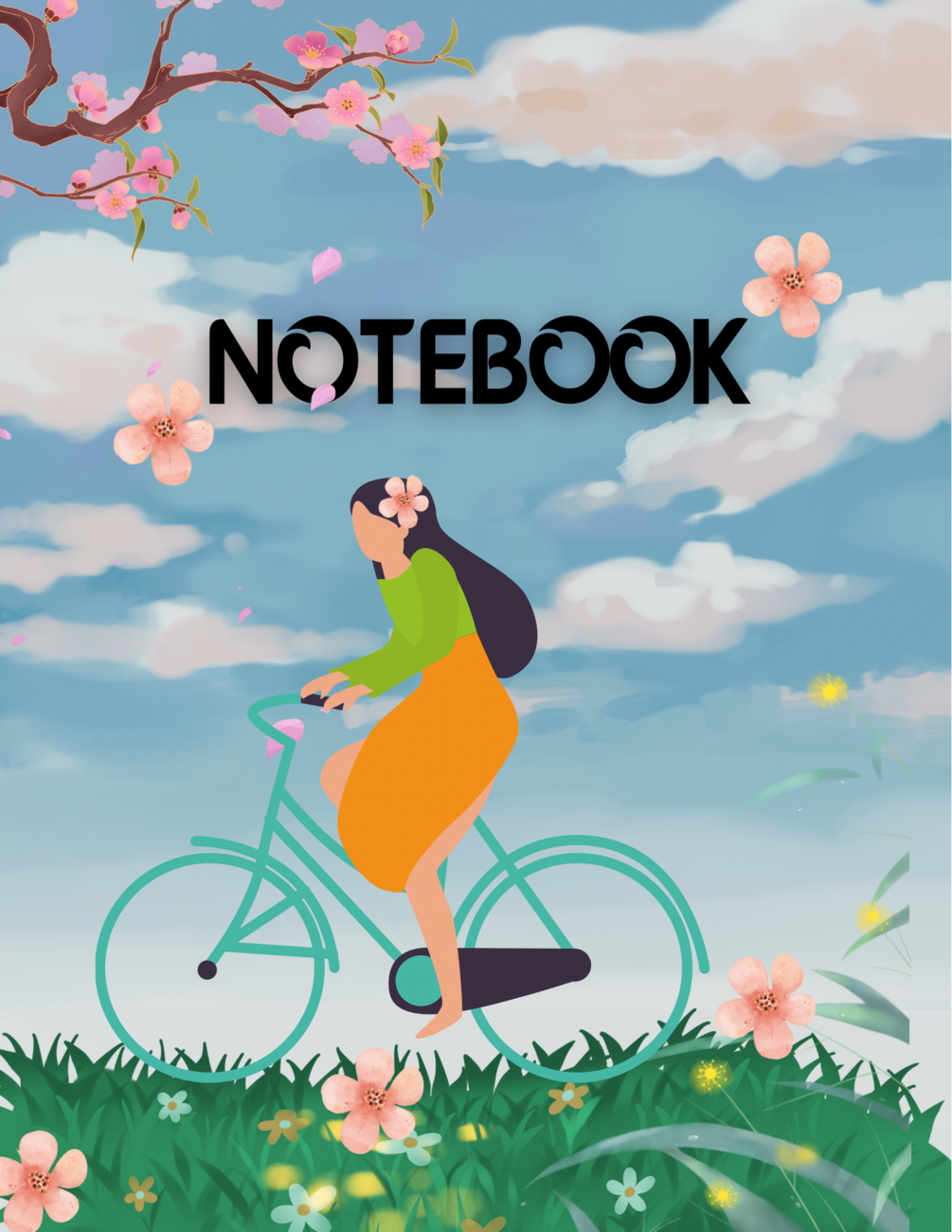 Spring Ride Notebook – Whimsical Floral Cover with Girl on Bicycle