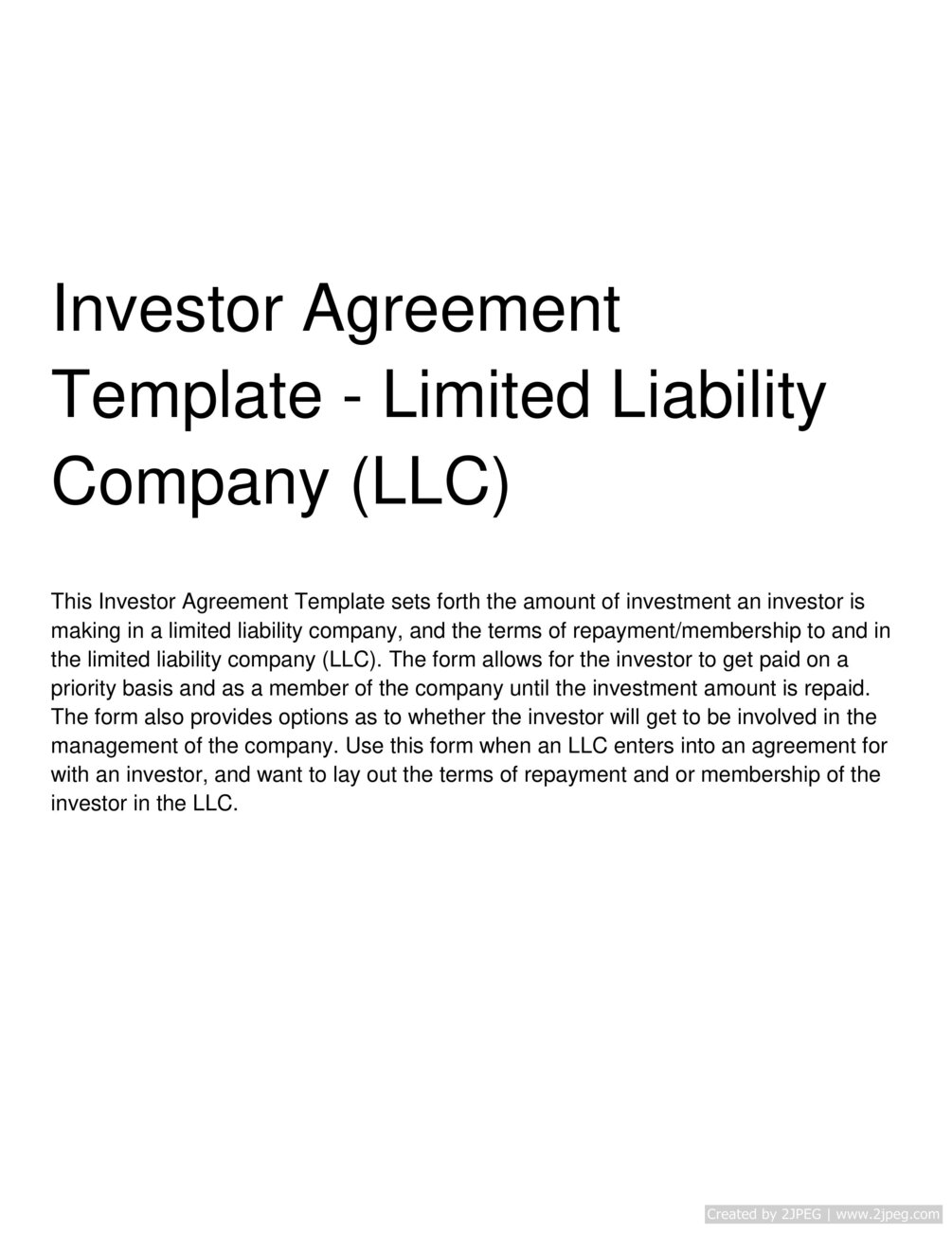 Investor Agreement Template Limited Liability Company (LLC)