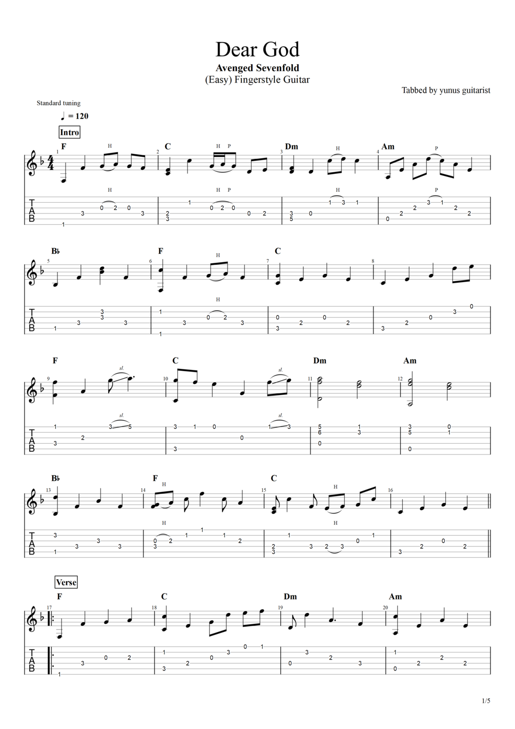 TAB. Dear God Avenged Sevenfold (Easy)