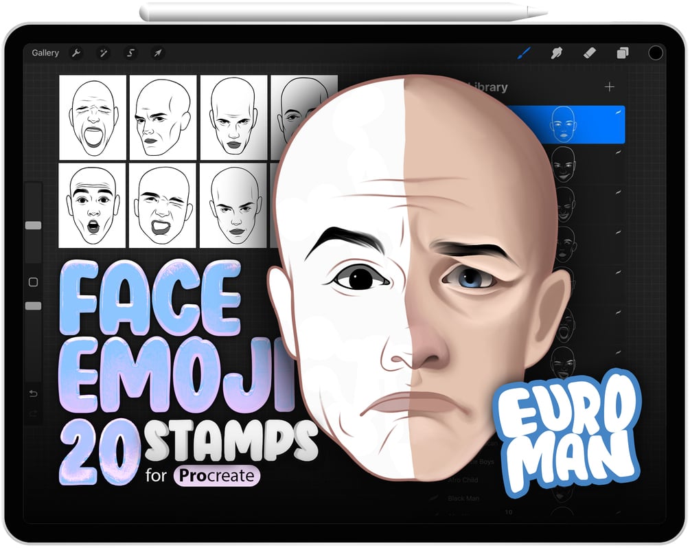 20 Procreate European Man Face Emotion Stamp Brushes Collection by ProCreativeBreeze