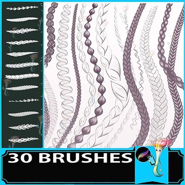 Procreate brush ponytail portrait hair painting hair braid double ponytail thick braid curly hair by best procreate brushes