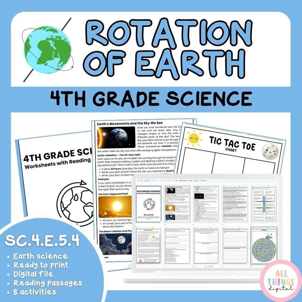 Rotation of Earth SC.4.E.5.4 4th Grade Earth Space Science Activity ...