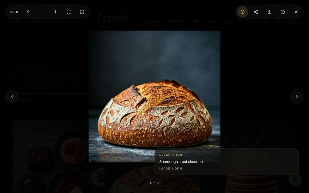 The Levain gallery lightbox open on a sourdough loaf, with a zoom toolbar, share and download icons, an information panel reading Sourdough crust close-up, and a 4 of 8 counter.