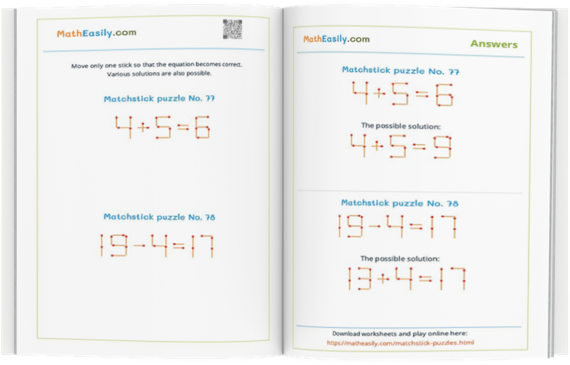 Math Matchstick Puzzles with Answers PDF + Online